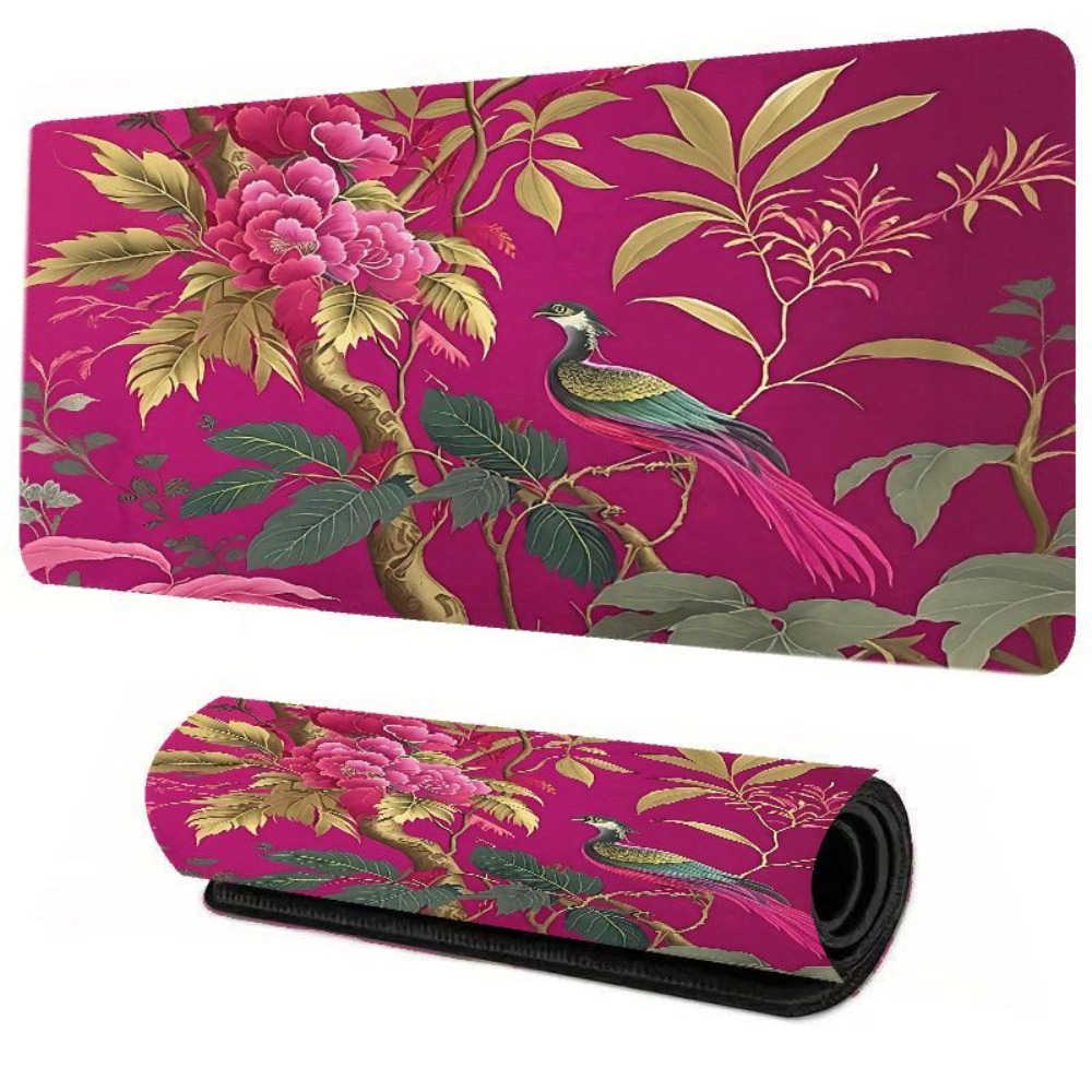 Gaming Accessories Pink - Hellrosa Tischmatte mit Blumen- und Vogelmuster,